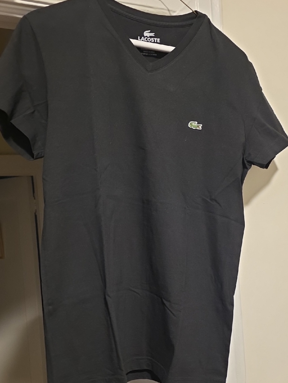 Lacoste Black V-Neck Short Sleeve Tee with Green Croc Logo